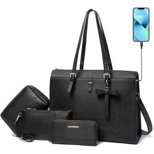 Keyli 4pc Sets Laptop Bag for Women Large Leather Laptop Briefcase with USB